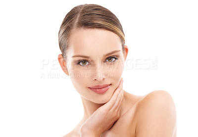 Buy stock photo Skincare, beauty and portrait of woman in studio on white background for wellness, dermatology and luxury facial. Spa, aesthetic and girl with hands on face with cosmetics, makeup and beauty products