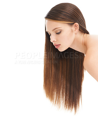 Buy stock photo Beauty, hair care and young woman in studio with a cosmetic, long and shiny hair style. Wellness, natural treatment and female model with brunette hair isolated by white background with mockup space.