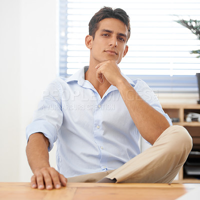 Buy stock photo Businessman, relax or portrait with confidence at office with pride for career ambition or mindset. Thinking, serious manager or male employee with hand on chin at workplace, desk or table for job