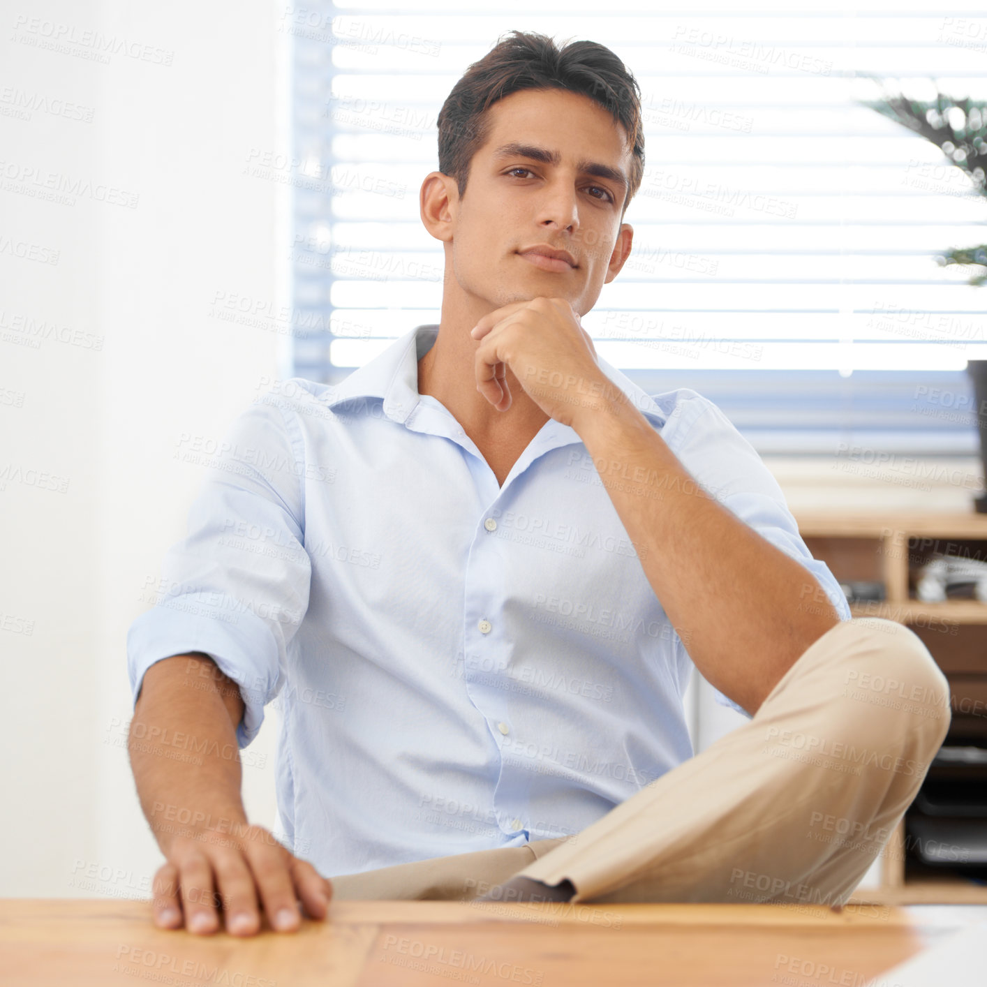 Buy stock photo Businessman, relax or portrait with confidence at office with pride for career ambition or mindset. Thinking, serious manager or male employee with hand on chin at workplace, desk or table for job