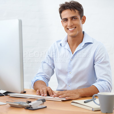 Buy stock photo Happy man, typing or portrait with computer at office with pride for career ambition or opportunity. IT support, business or male employee programming with research online at workplace or desk on pc
