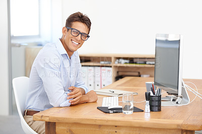 Buy stock photo IT support, portrait or happy man with computer at desk with information for web design or solution. Smile, business or employee programming with glasses or research online on screen on pc in office
