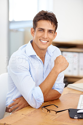 Buy stock photo Happy businessman, relax or portrait with confidence at office with pride for career ambition. Smile, manager or male employee with job opportunity at workplace, desk or table for a corporate company