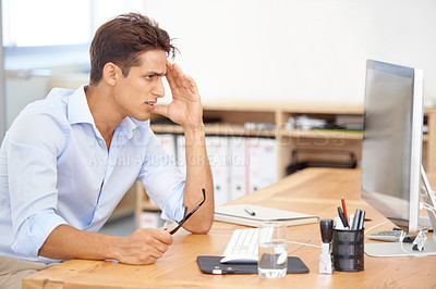 Buy stock photo Frustrated businessman, headache and stress on computer in mistake, burnout or fatigue at the office. Man or employee with migraine in anxiety, mental health or work pressure by PC desk at workplace