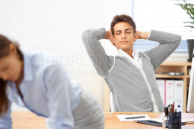 Buy stock photo Sexual harassment, businessman checking or body of woman in office working with coworker looking. Watch, spy problem or woman with toxic person or unprofessional male colleague or pervert peeping