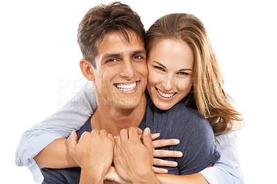 Buy stock photo Happy couple, portrait and hug in embrace for love, care or compassion against a white studio background. Handsome man and young woman smile for romance, affection or relationship together on mockup