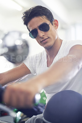 Buy stock photo Portrait, man and motorcycle with sunglasses, cool and travel with training, riding and journey. Face, person and biker with stylish outfit, fun and casual eyewear with extreme sport or adventure