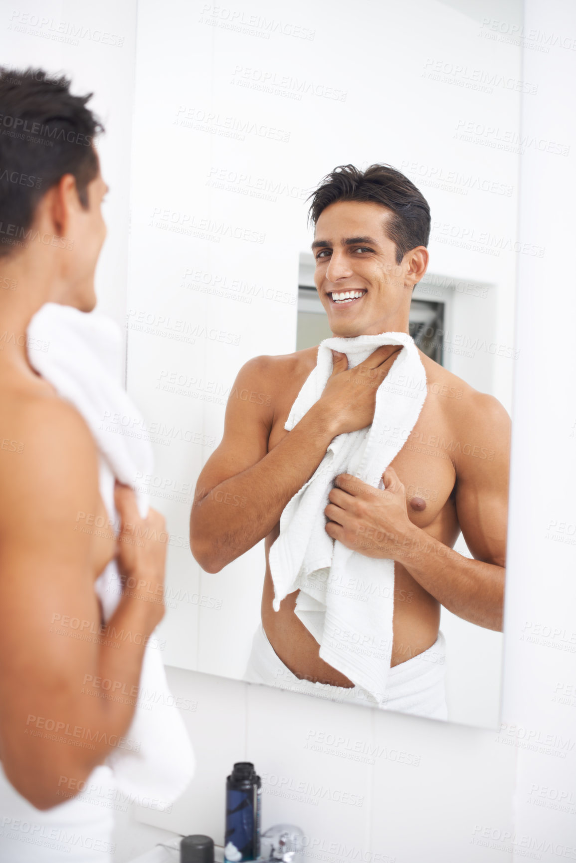 Buy stock photo Man, shower and towel after washing in mirror, cleaning and skincare or smile for beauty. Male person, bathroom and wellness in morning routine, reflection and grooming or self care and joy at home