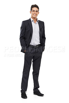 Buy stock photo Businessman, suit and smile for portrait, confident and professional on white studio background. Man, young and ready for career, entrepreneur and employer for startup, mockup space and corporate
