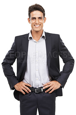 Buy stock photo Businessman, suit and happy for portrait, confident and professional on white studio background. Man, young and ready for career, entrepreneur and employer for startup, mockup space and corporate
