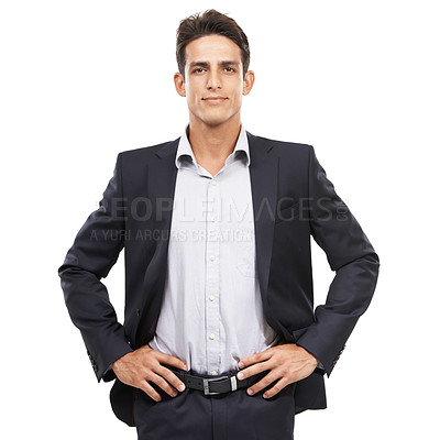 Buy stock photo Businessman, suit and employee for portrait, confident and professional on white studio background. Man, young and ready for career, entrepreneur and employer for startup, mockup space and corporate
