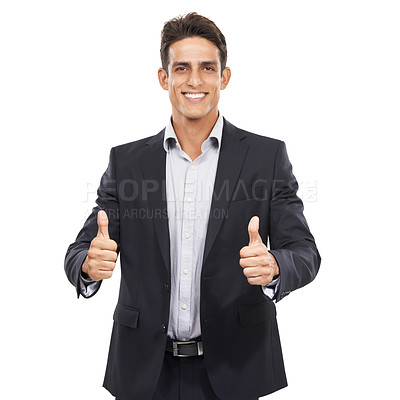 Buy stock photo Business man, thumbs up in portrait and feedback in studio, yes vote or review with like emoji on white background. Corporate professional, communication and success with hand gesture for agreement