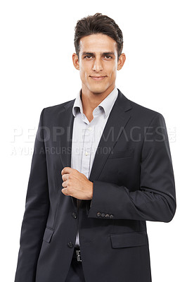 Buy stock photo Businessman, suit and company for portrait, confident and professional on white studio background. Man, young and ready for career, entrepreneur and employer for startup, mockup space and corporate
