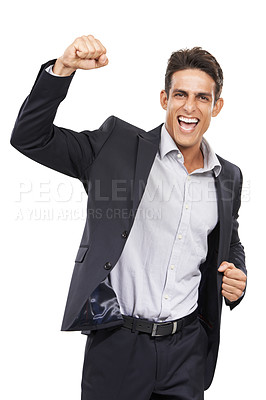 Buy stock photo Portrait of a handsome young man with his arm raised in triumph