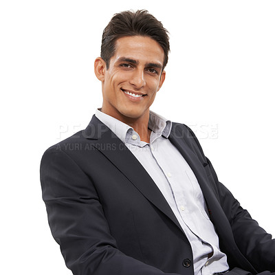 Buy stock photo Businessman, management and smile for portrait, confident and professional on white background. Consultant, young and suit for career, financial clerk and man for startup, mockup space and corporate

