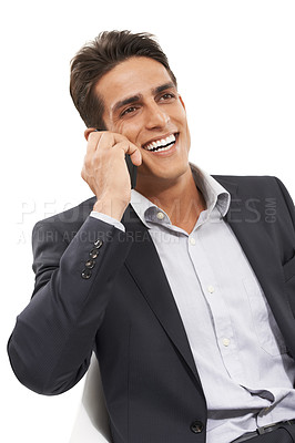Buy stock photo Business man, phone call and communication, networking and connectivity with smile on white background. Corporate contact, chat or talk for deal negotiation, happy professional in studio for advice