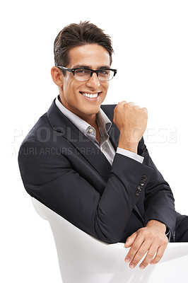 Buy stock photo Businessman, manager and happy for portrait, confident and professional on white background. Consultant, young and suit for career, financial clerk and man for startup, mockup space and corporate
