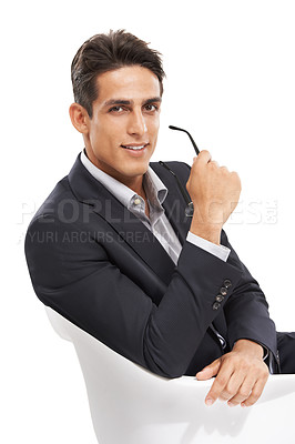 Buy stock photo Businessman, worker and smile for portrait, confident and professional on white background. Consultant, young and suit for career, financial clerk and man for startup, mockup space and corporate
