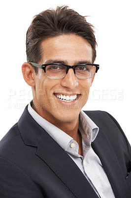 Buy stock photo Businessman, worker and happy for portrait, confident and professional on white background. Consultant, young and suit for career, financial clerk and man for startup, mockup space and corporate
