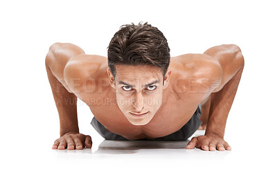 Buy stock photo Man, portrait and push up or exercise in studio, core and cardio workout for muscle development. Male person, athlete and face by white background, bodybuilding and performance challenge or fitness