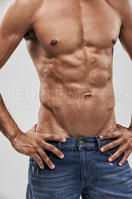 Buy stock photo Man, shirtless and abs or bodybuilder pride in studio, body and fitness by white background. Male person, wellness and strong core or muscular abdomen, confident and results or progress from exercise