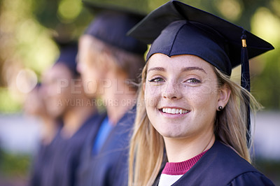 Buy stock photo Happy woman, portrait and student in outdoor graduation for education, learning or qualification. Female person or graduate smile in group for higher certificate, diploma or degree at campus ceremony