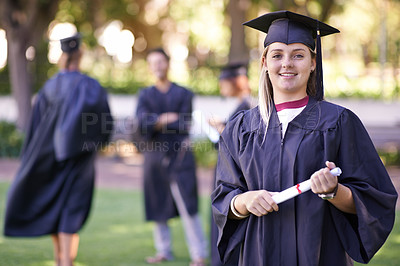 Buy stock photo Happy woman, portrait and student with qualification in graduation for education, learning or success. Female person or graduate smile for higher certificate, diploma or degree at outdoor ceremony