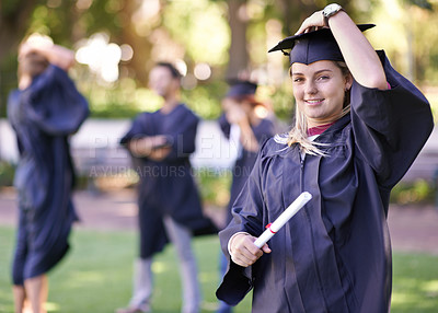 Buy stock photo Happy woman, portrait and student with degree in graduation for education, learning or qualification. Female person or graduate smile for higher certificate, diploma or award at outdoor ceremony