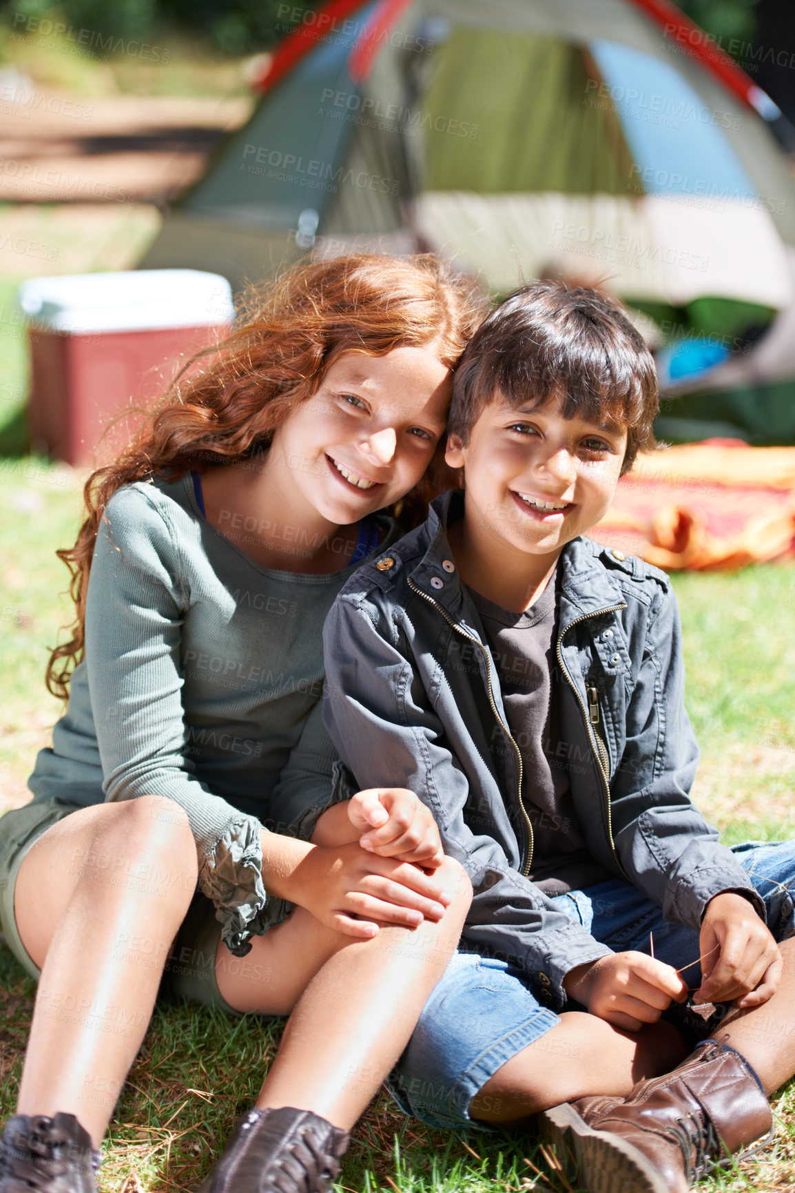 Buy stock photo Relax, camping or portrait of happy kids in nature for playing, adventure or holiday vacation in park. Fun, support or children friends with smile in woods, garden or forest for hiking or travel