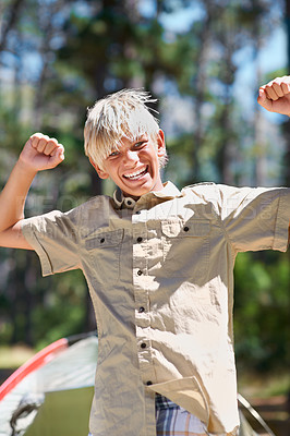 Buy stock photo Child, portrait or arms raised in nature for success, winning or goal on holiday vacation in woods. Forest, summer or excited male kid with smile for victory, freedom or camping in woods or park