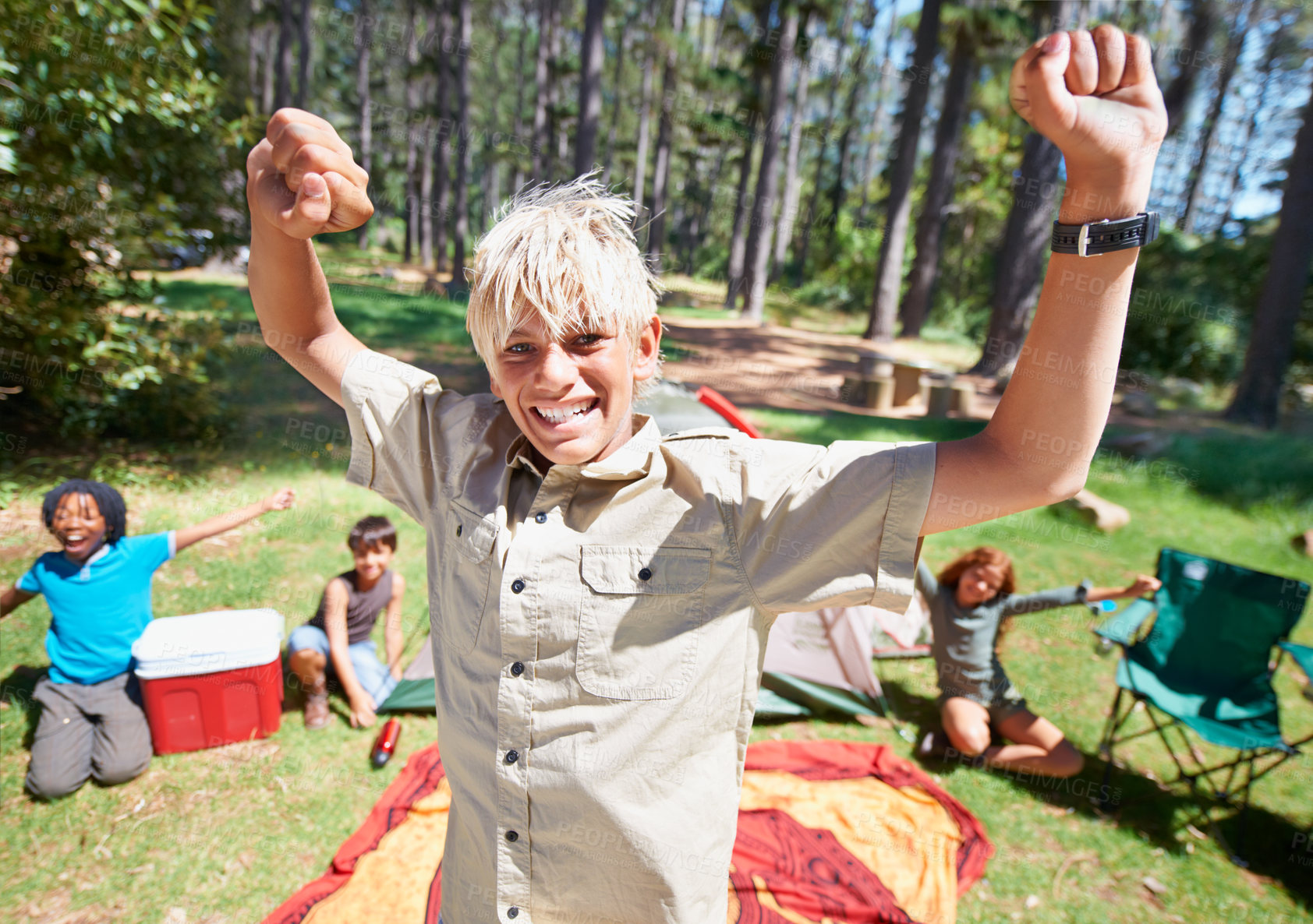 Buy stock photo Happy kids, portrait or camping success in nature celebration for winning on holiday vacation. Woods, hands up or excited children with smile to celebrate victory, fun or wellness in forest or park