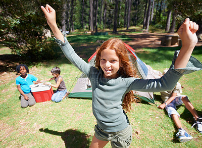 Buy stock photo Excited, camping or portrait of girl in nature for playing, adventure or holiday vacation in park. Relax, hands up or happy young kid with smile in woods, garden or forest for fun games or childhood