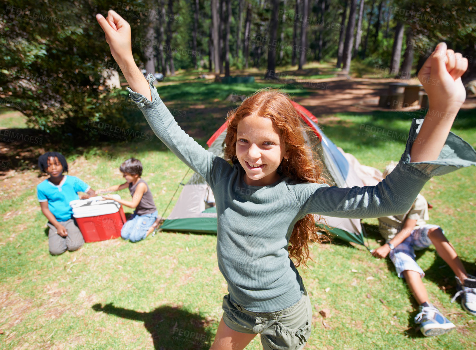 Buy stock photo Excited, camping or portrait of girl in nature for playing, adventure or holiday vacation in park. Relax, hands up or happy young kid with smile in woods, garden or forest for fun games or childhood