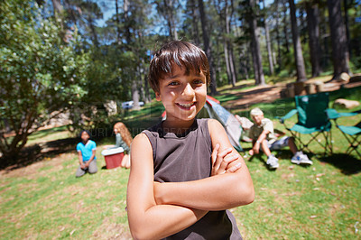 Buy stock photo Boy, kid and arms crossed in portrait summer camp and nature with fun outdoor for youth. Child at campsite in forest, adventure and vacation, childhood and recreation with happiness and smile