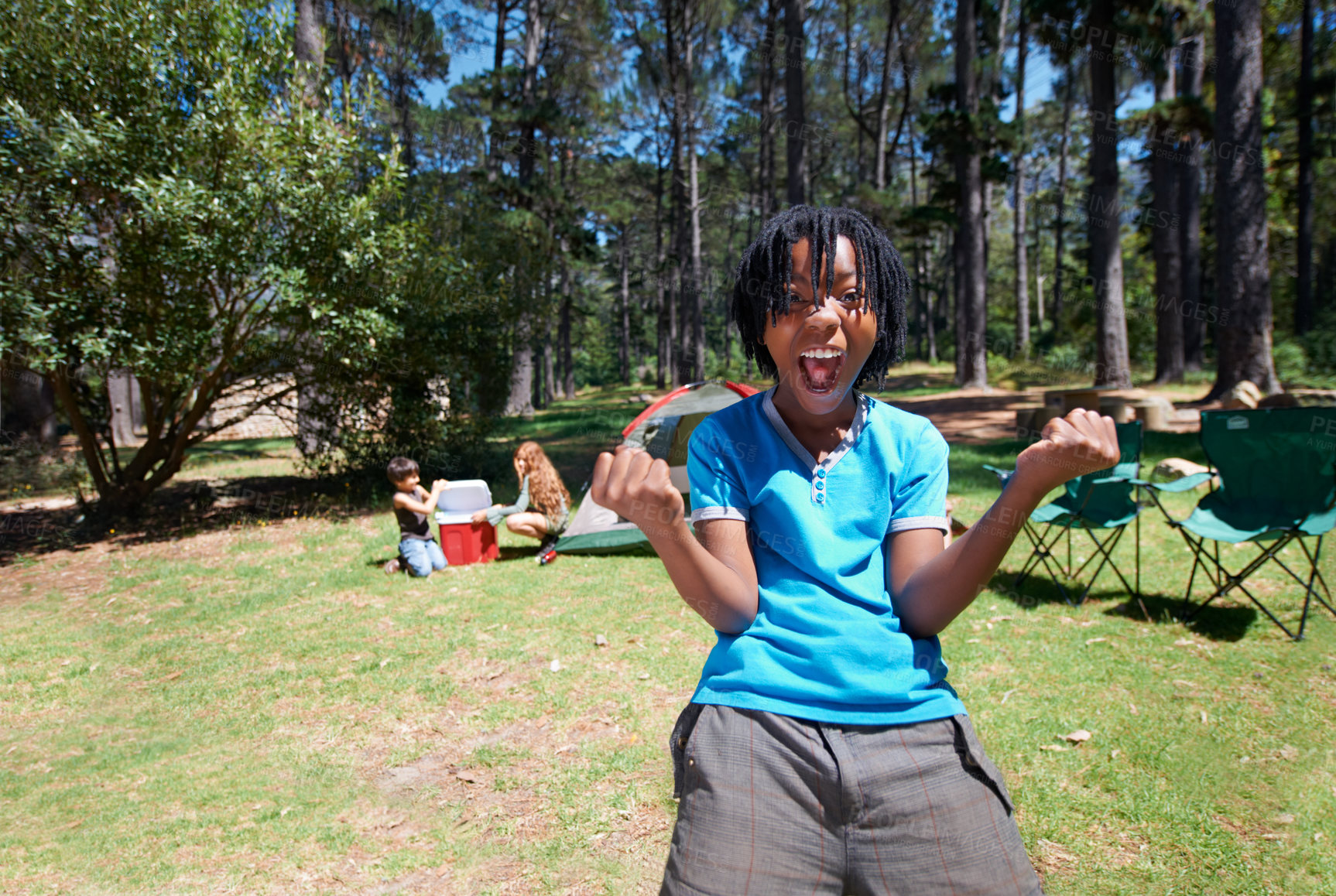 Buy stock photo Boy kid, cheers outdoor and fun at summer camp, happiness and celebration with smile in portrait. African kid in nature, adventure with winner in park with playful youth camper in forest and excited