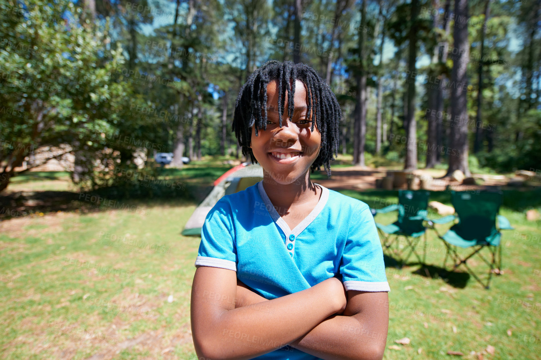 Buy stock photo Child, portrait and smile on camping adventure in outdoors, happy and relaxing on vacation or holiday. Black male person, kid and face or confident in park, childhood and summer or freedom on lawn