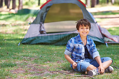 Buy stock photo Tent, camping or portrait of happy child in nature for playing, adventure or holiday vacation in park. Relax, confidence or male child with smile in woods, garden or forest for fun hiking or wellness