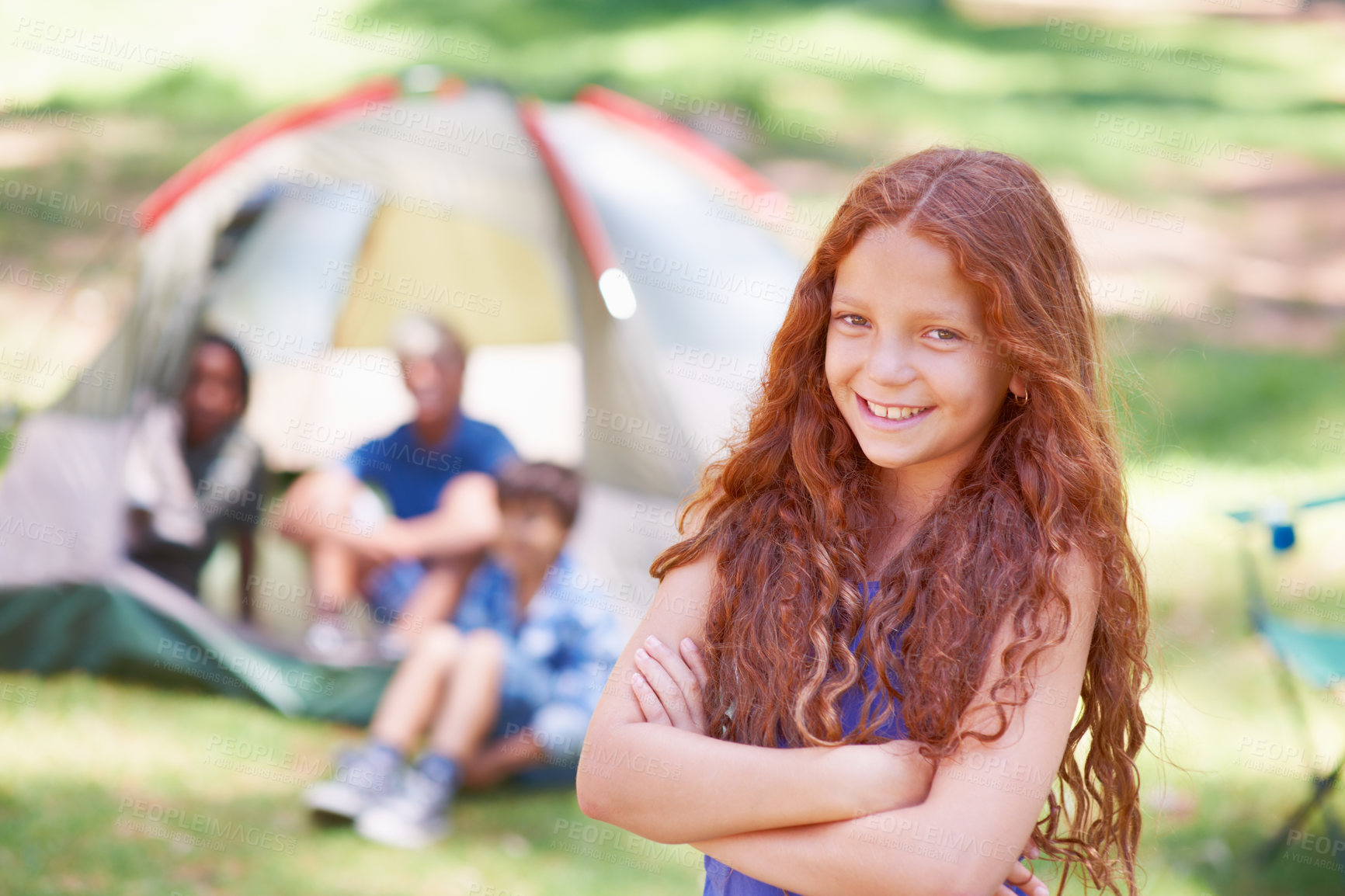 Buy stock photo Child, portrait and fun at summer camp in outdoors, girl and relaxing on vacation or holiday. Happy female person, smiling and face or confident in park, childhood and adventure or joyful in nature