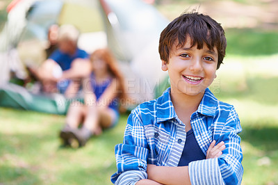 Buy stock photo Boy, child and arms crossed in portrait, summer camp and nature with fun outdoor for youth. Kid at campsite in forest, adventure and vacation, childhood and recreation with happiness and smile

