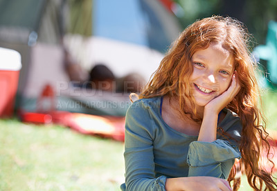 Buy stock photo Happy, camping or portrait of girl in park or picnic for playing, adventure or holiday vacation in nature. Relax, travel or teenager with smile in woods, garden or forest for fun hiking or childhood