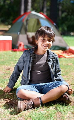 Buy stock photo Relax, camping or portrait of happy child in nature for playing, adventure or holiday vacation in park. Grass, confidence or kid with smile in woods, garden or forest for fun hiking or childhood