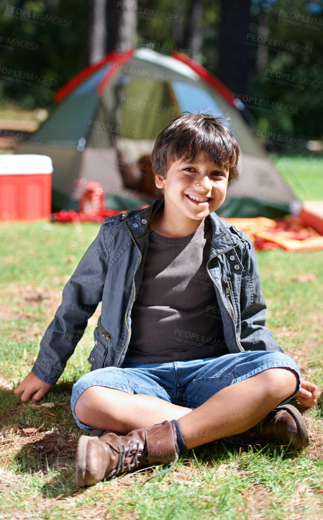 Buy stock photo Relax, camping or portrait of happy child in nature for playing, adventure or holiday vacation in park. Grass, confidence or kid with smile in woods, garden or forest for fun hiking or childhood
