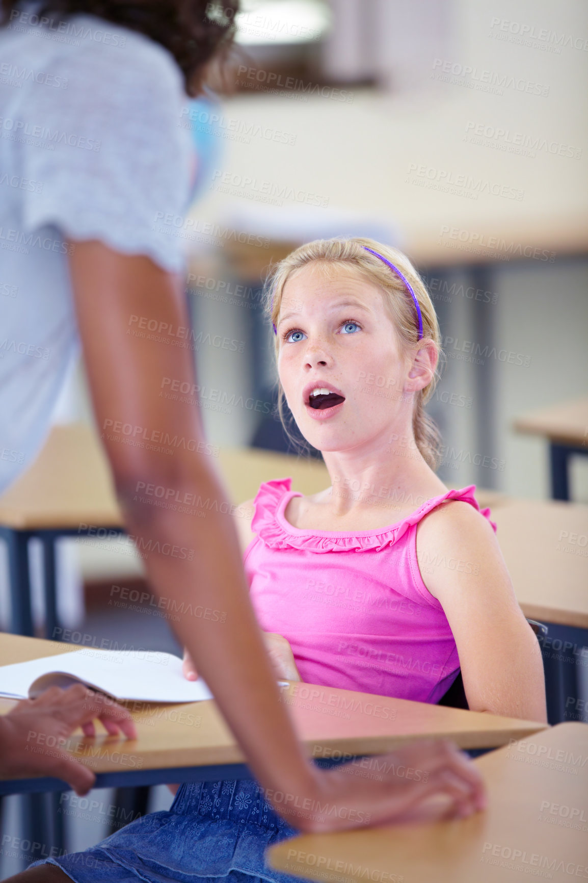 Buy stock photo Child, girl and surprise, student and teacher with amazed reaction to information and learning in class,.News, announcement and wow face, education and teaching with people at school for knowledge