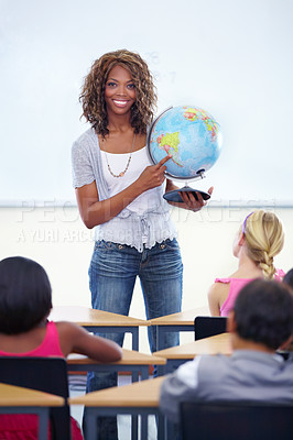 Buy stock photo Geography, planet and teacher portrait with children in classroom for happy education, world learning and earth globe. African woman with school kids for global teaching and point to map or location 