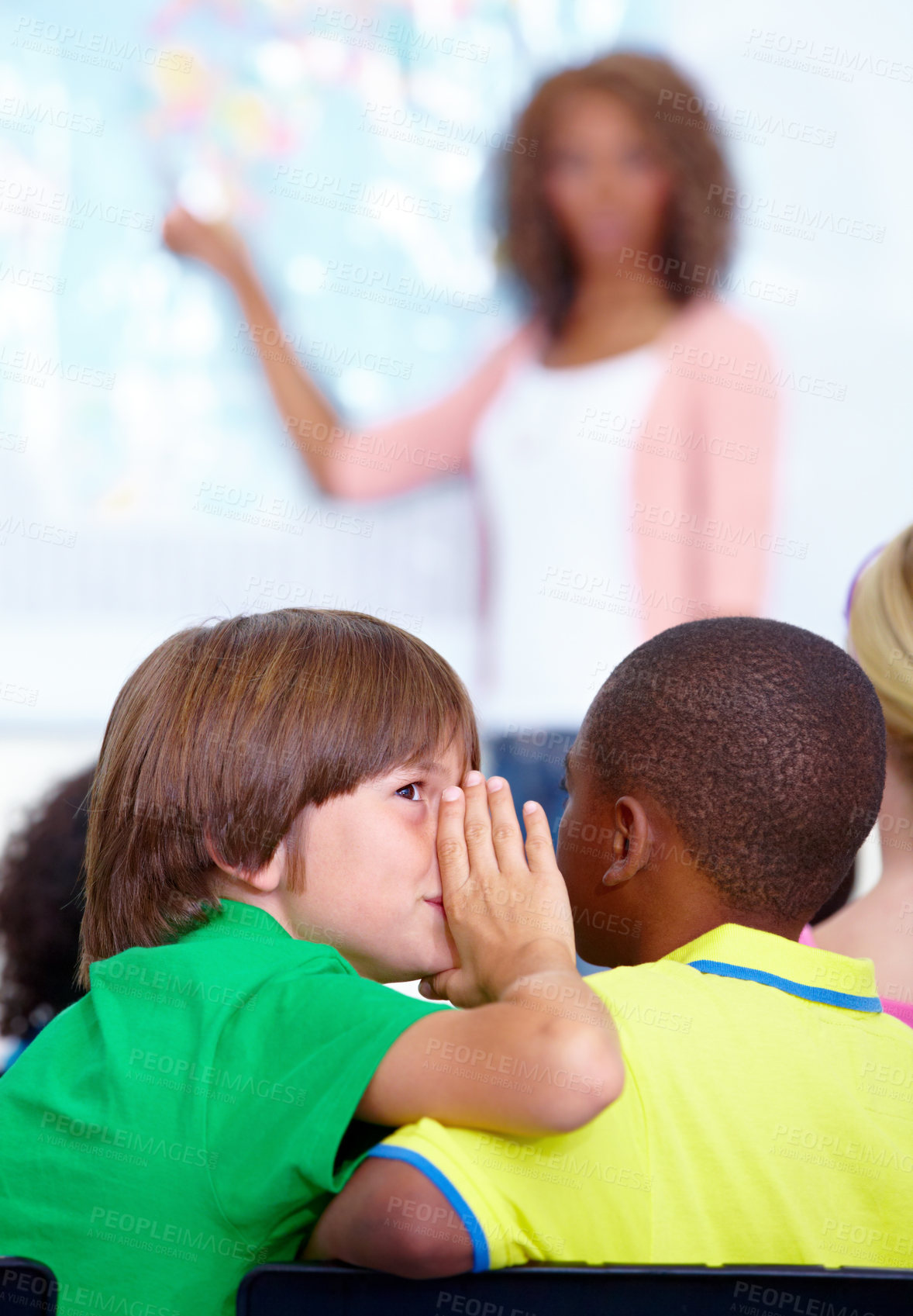 Buy stock photo Little boys, whisper and classroom in ear at classroom for secret, gossip or communication at school. Male person, students or friends listening to rumor or surprise in class together with teacher