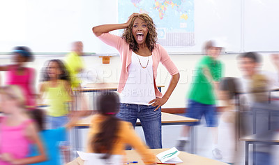 Buy stock photo Headache, portrait or teacher in classroom with kids in school for noise, motion blur or children. Frustrated, students or black woman shouting with anxiety or stress for learning or teaching problem