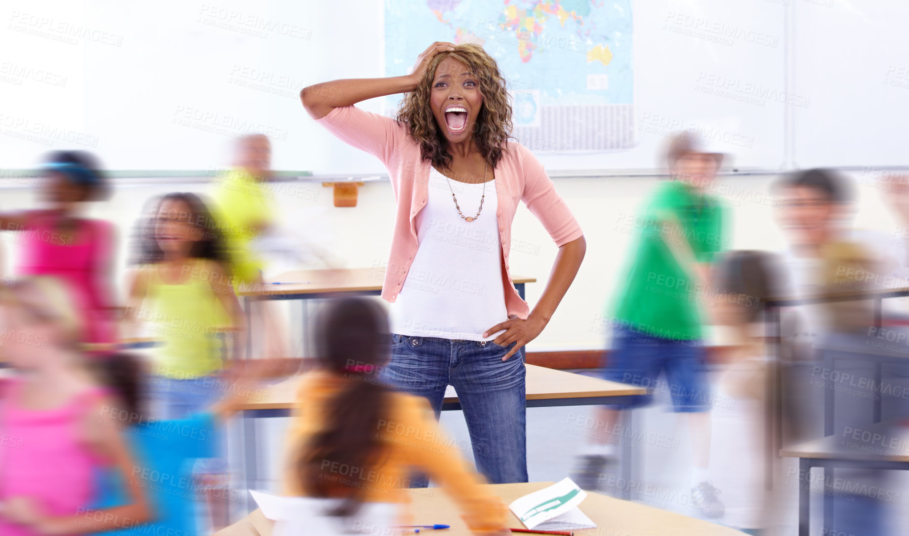 Buy stock photo Headache, portrait or teacher in classroom with kids in school for noise, motion blur or children. Frustrated, students or black woman shouting with anxiety or stress for learning or teaching problem