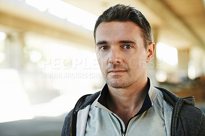 Buy stock photo Man, portrait and fitness in city street for running, exercise or outdoor training in fitness. Closeup of male person or athlete ready for workout, cardio or health and wellness in an urban town