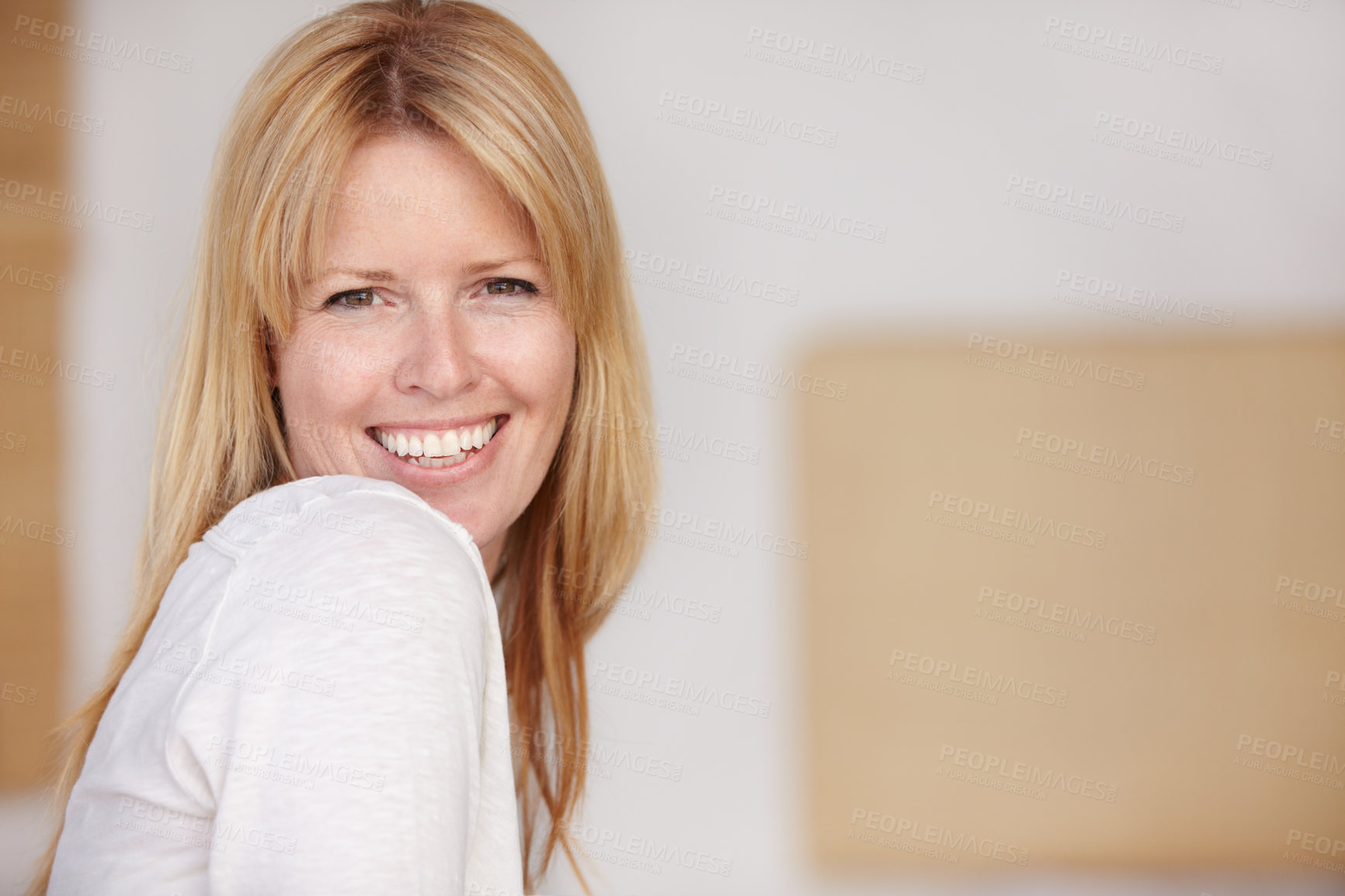 Buy stock photo Happy, woman and smile with portrait on face, morning and alone in home, natural beauty or headshot. Female, beautiful or thinking with idea, mature person and cheerful lady in house or blonde hair
