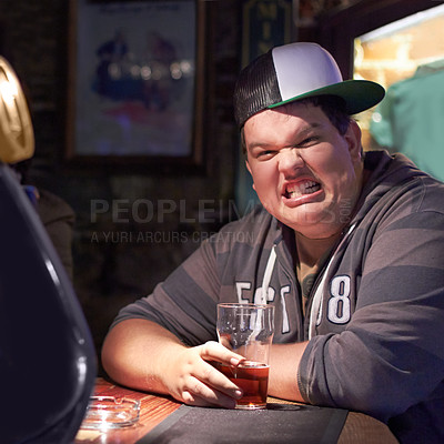 Buy stock photo Plus size, man and silly face at a pub with a beer drink feeling funny with comedy. Male person, crazy portrait and alcoholic at a restaurant and club by counter with alcohol and cool style alone